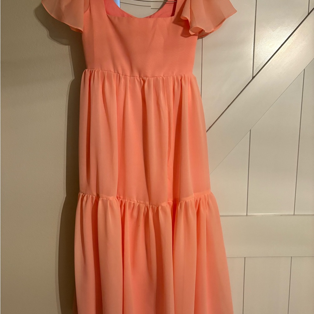 Girls' Peach Ruffle Sleeve Tiered Dress